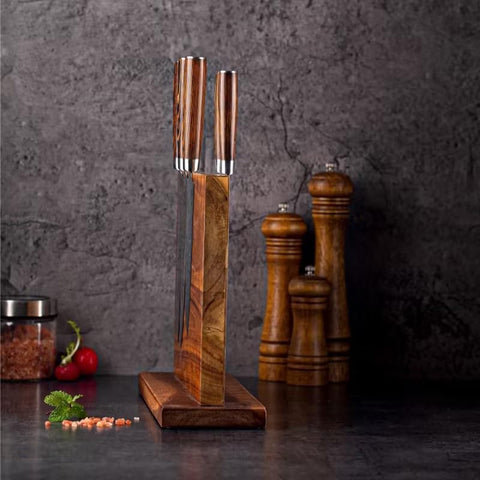 Image of Double Sided Magnetic Knife Block, Multifunctional Storage Knife Holder for Kitchen Counter, Natural Acacia Knife Storage Stand with Strong Enhanced Magnets