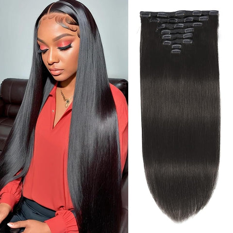 Image of Clip in Hair Extensions Real Human Hair 120G Straight Human Hair Clip in Extensions for Black Women Remy Hair Double Weft 8Pcs with 20 Clips 16Inch Natural Black Color