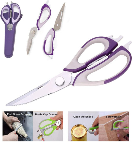 Image of Multifunction Kitchen Food Scissors, Detachable Stainless Steel Heavy Duty Culinary Scissors, 7-In-1 Household Shears with Magnetic Holder, for Cut Poultry Meat Bone Vegetables Fruit Seafood (Purple)