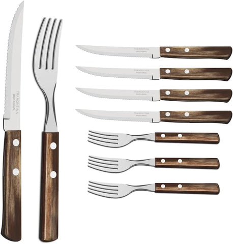Image of Cutlery Set with Steak Knives, 8 Piece Sharp Knife and Fork Set with Wooden Handles, Camping, Kitchen, Rustic, Dishwasher Safe, 29899296