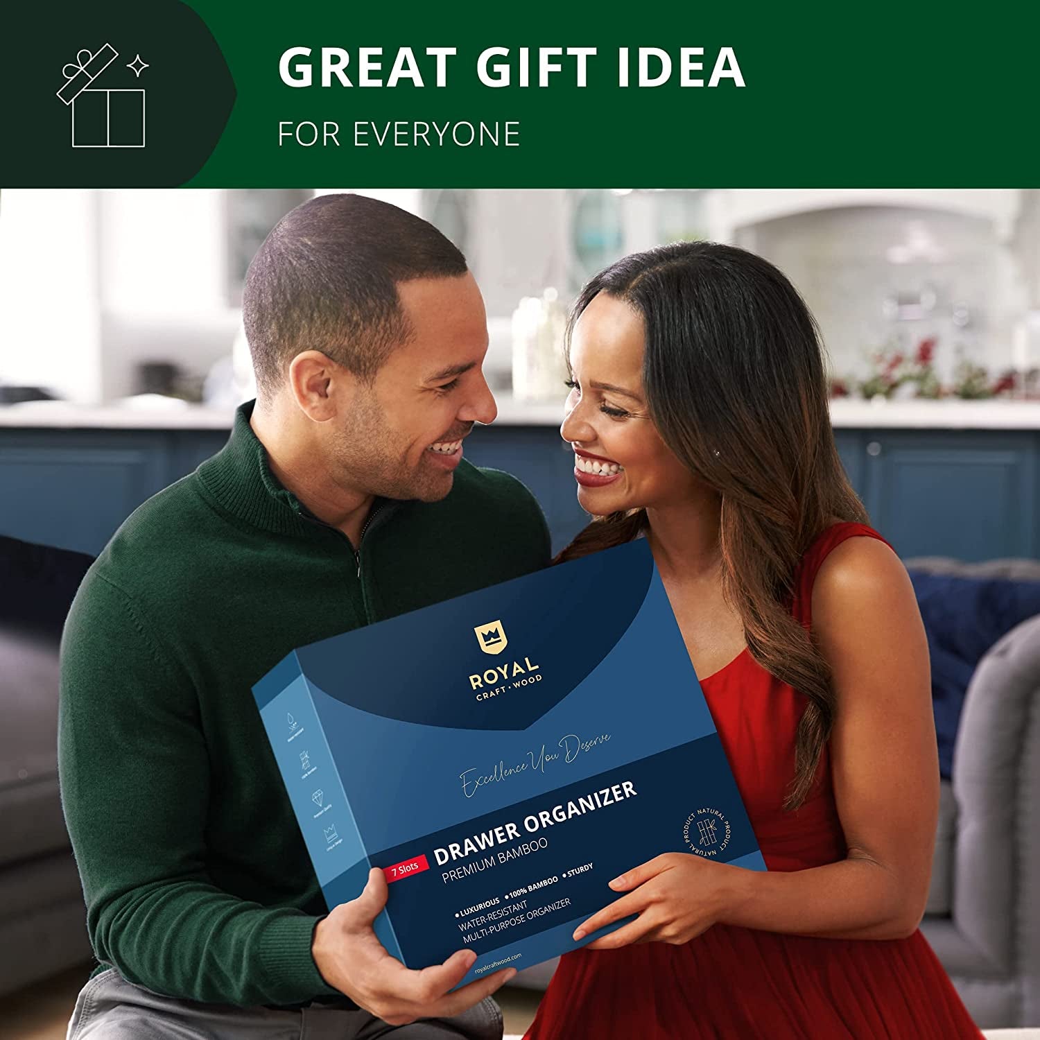 Luxury Bamboo Utensil Rack and Silverware Organizer, Kitchen Drawer Organizer - Utensil Holder and Cutlery Tray with Grooved Drawer Dividers for Flatware 7 Slot, Natural