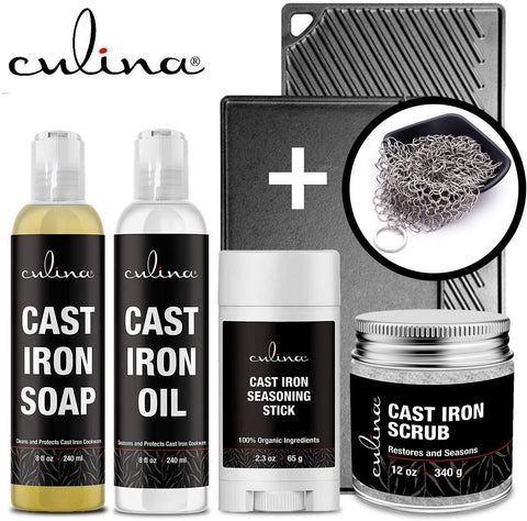 Image of Culina Cast Iron Seasoning Stick & Soap & Oil Conditioner & Restoring Scrub & Stainless Scrubber | All Natural Ingredients | Best for Cleaning, Non-stick Cooking & Restoring | Cast Iron Cookware - LivanaNatural