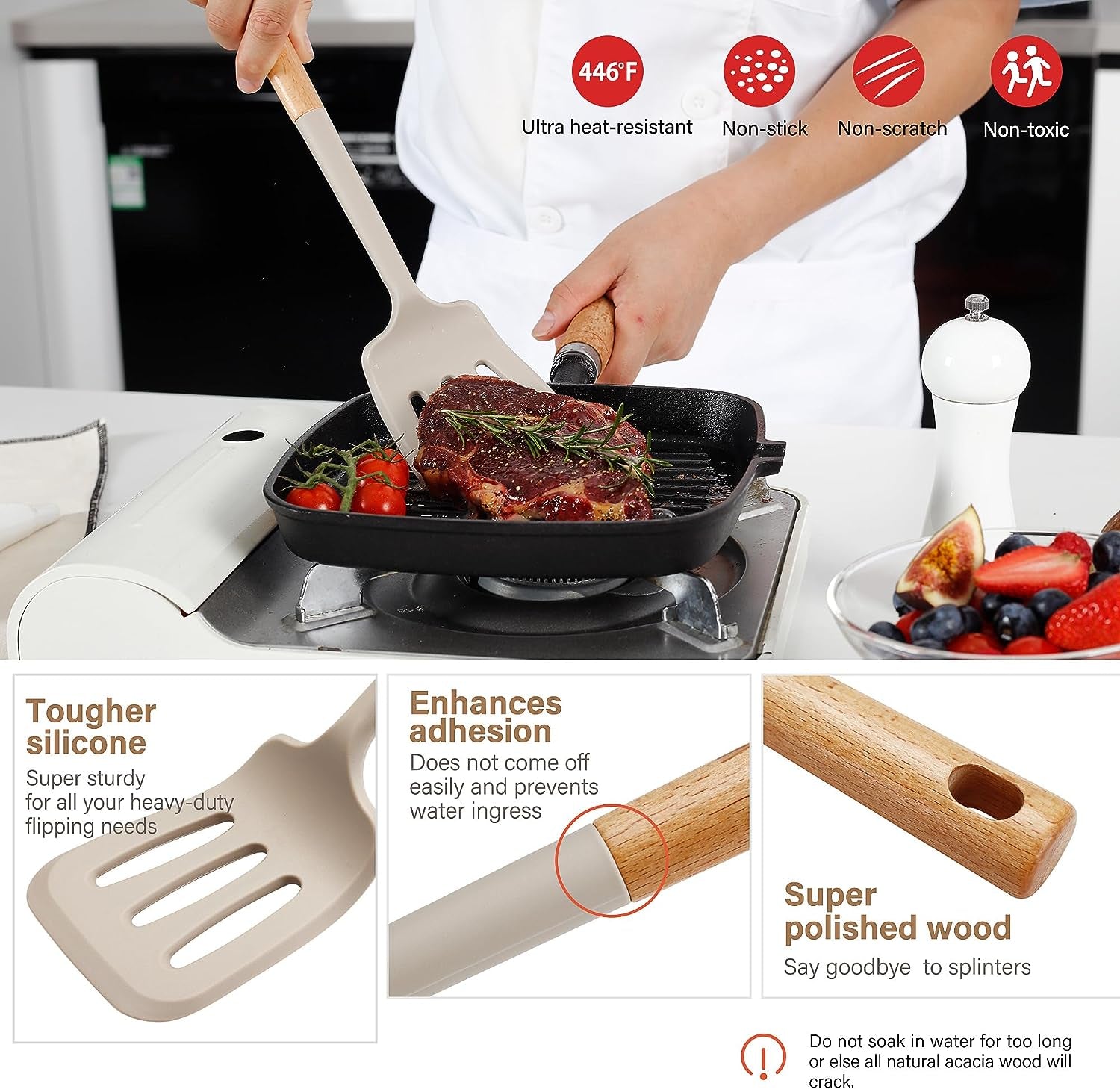 Kitchen Utensils Set, Large Non-Stick Silicone Cooking Utensils Set 6 Pcs, Wooden Handle Heat Resistance Silicone Spatula Soup Ladle Pasta Server Kitchen Gadgets Utensils Set BPA Free (Khaki)