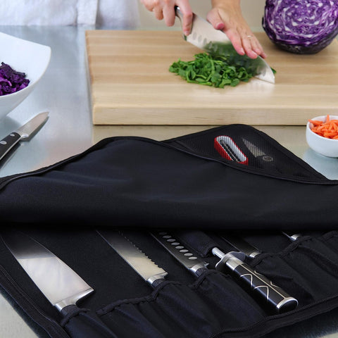 Image of Chef Knife Bag (8+ Slots) Is Padded and Holds 8 Knives plus Your Meat Cleaver, Knife Hone, Utensils, and a Zipped Pouch for Tools. Durable Knives Carrier Also Includes a Name Card Holder. (Bag Only)