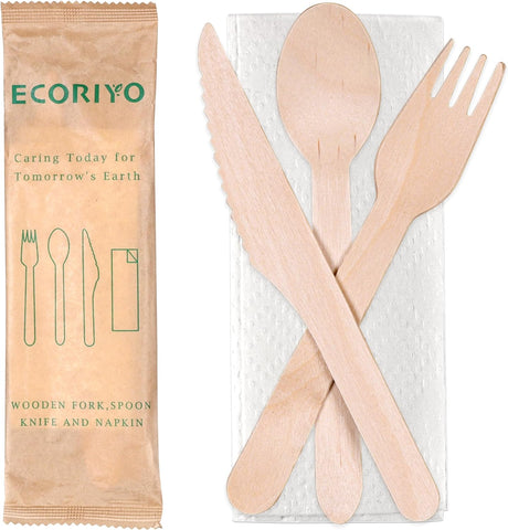 Image of Wooden Cutlery Disposable Utensils Set - 50-Pack of Disposable Wooden Cutlery Set, Individually Wrapped Utensils and Napkins for Cafes or Restaurants - Includes Knife, Fork, Spoon, and Napkin