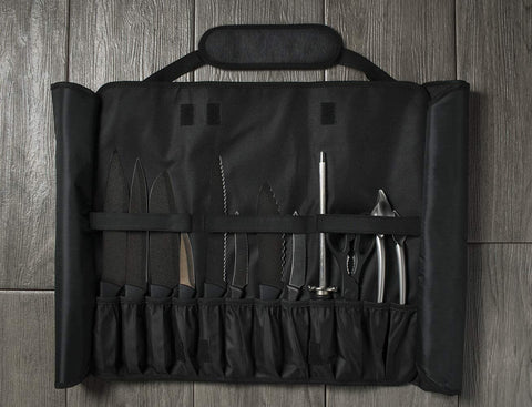 Image of Chef Knife Roll Bag - 20 Total Pockets for Knives and Kitchen Utensils - Made with Stain Resistant Waxed Nylon - for Chefs and Culinary Students - Knives Not Included(Black)