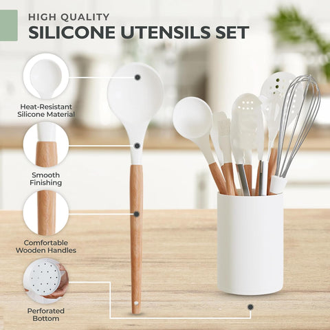 Image of White Silicone Cooking Utensils, White Kitchen Utensils, White Cooking Utensils Set | Silicone Spatula, Tongs, Ladle, Serving Spoons-Non-Stick, BPA Free Kitchen Utensils Set with Holder - 11 Pc
