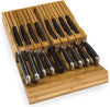 In-Drawer Bamboo Knife Block Holds 16 Knives (Not Included) without Pointing up plus a Slot for Your Knife Sharpener!  Knife Organizer Made from Quality Moso Bamboo