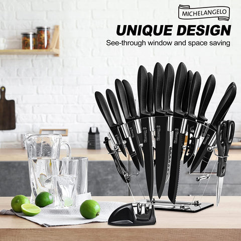 Image of 18Pc Kitchen Knife Set with Block, Super Sharp Black Knife Set, Versatile Chef Knife Set with Knife Sharpener & Peeler, Stainless Steel Knives for Kitchen, 6 Steak Knives Included