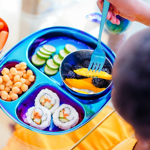 Image of Stainless Steel Dinner Set - 5 Piece Mindful Mealtime Set | Pediatrician Designed Stainless Steel Plates for Kids, Toxin Free Stainless Steel Dinnerware Set | 100% BPA Free (Iridescent Blue)