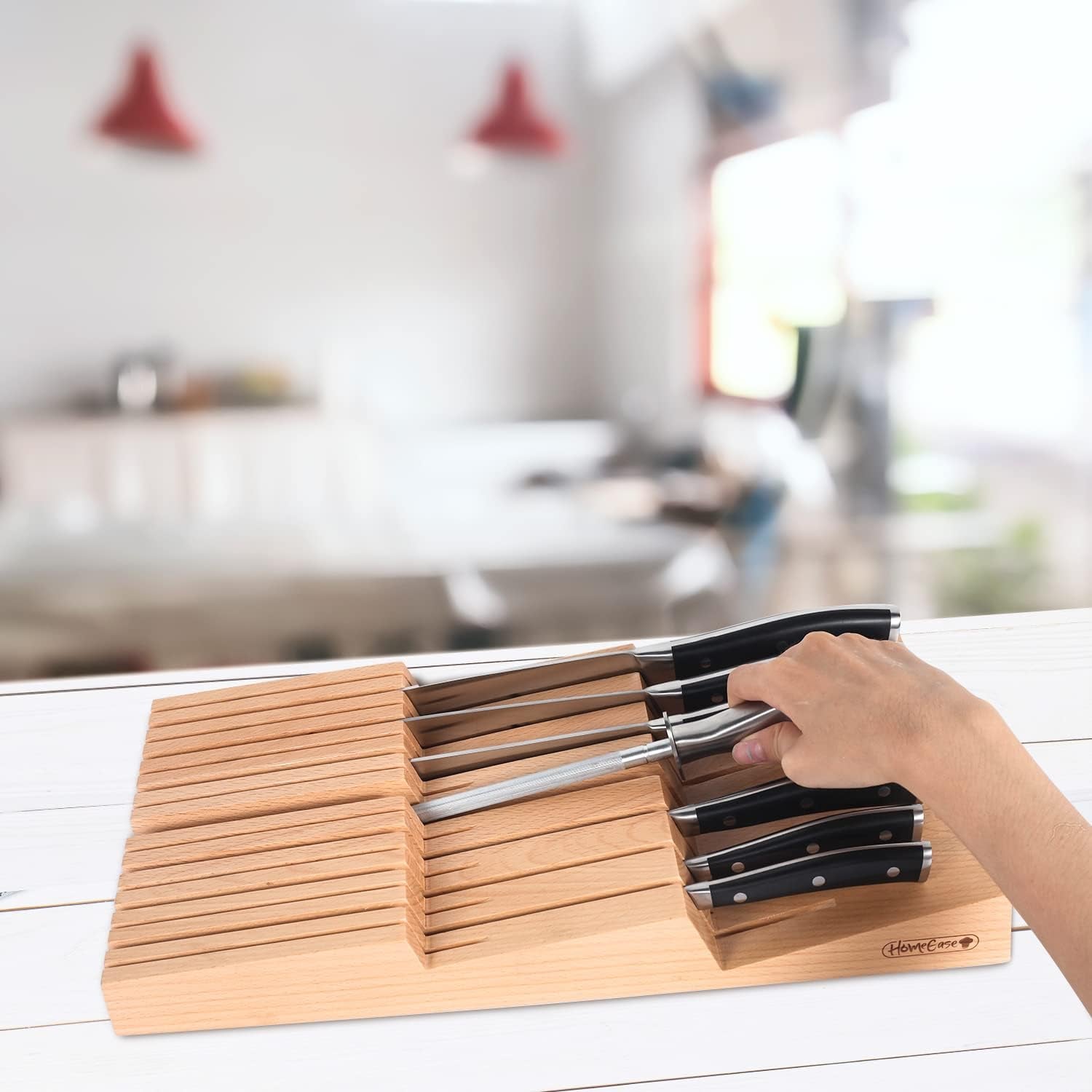 In-Drawer Knife Block, Beech Wood Cutter Storage Holder Home Kitchen Drawer Knife Organizer Insert 15 Slots