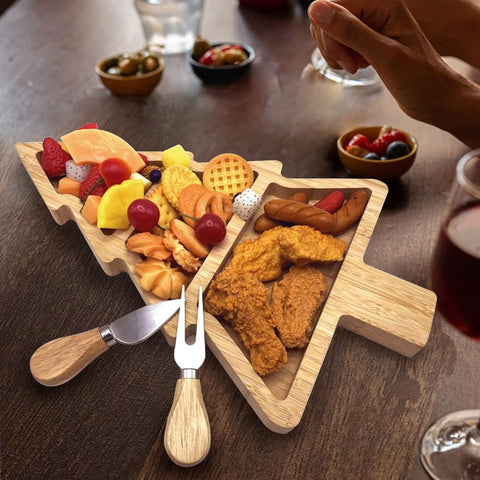 Image of Bamboo Serving Platter, Multiple Spaces Reusable Bamboo Plates, Novel Shape Charcuterie Board Set with Knife & Fork, Fruit, Bread, Salad Plate for Christmas Thanksgiving (Christmas Tree)