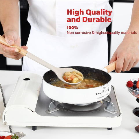 Image of Kitchen Utensils Set, Large Non-Stick Silicone Cooking Utensils Set 6 Pcs, Wooden Handle Heat Resistance Silicone Spatula Soup Ladle Pasta Server Kitchen Gadgets Utensils Set BPA Free (Khaki)