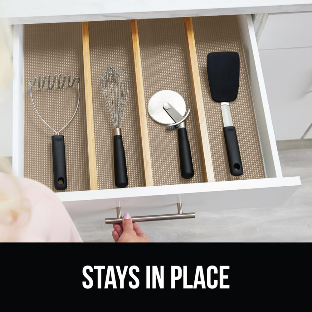 Drawer Shelf and Cabinet Liner, Thick Strong Grip, Non-Adhesive Liners Protect Kitchen Cabinets and Cupboard, Bathroom Drawers, Easy Install, Breathable Mat, 12" X20', Beige