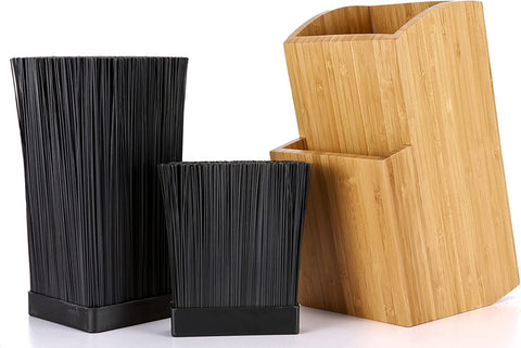 Image of Bamboo Universal Knife Block - Extra Large Two-Tiered Slotless Wooden Knife Stand, Organizer & Holder - Convenient Safe Storage for Large & Small Knives & Utensils - Easy to Clean Removable Bristles