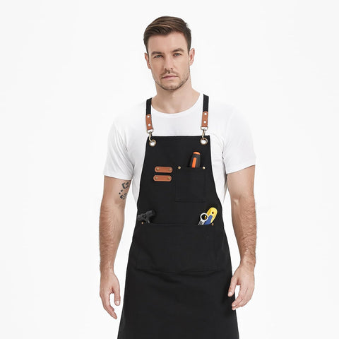 Image of Canvas Aprons, Work Aprons with 3 Pockets, Adjustable Strap Chef Aprons for Servers Kitchen Cooking Baking Artist