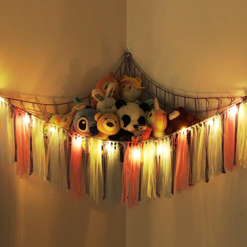 Image of Stuffed Animal Toys Hammock with LED Light, Stuffed Doll Hanging Corner Holder for Home Storage, Large Hanging Net -Display Teddies for Nursery and Kids’ Bedroom, Purple Decor Organizer