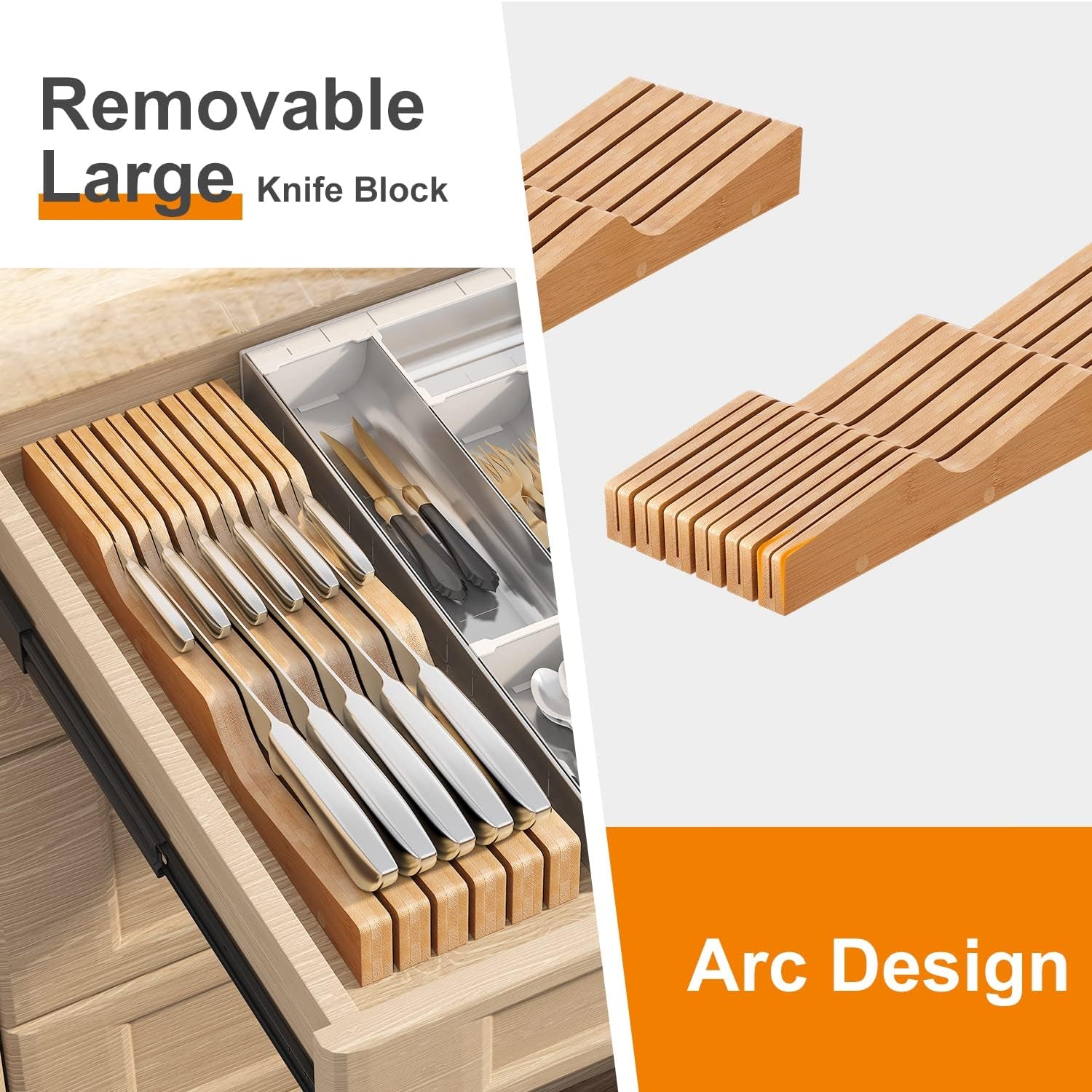 In-Drawer Knife Block Organizer - Bamboo Wood Drawer Knife Organizer-Protecting Knife Organizer Block Holds up to 11 Knives(Not Included)
