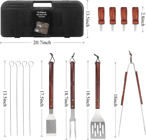Image of 13Pcs Grill Tools Set for Outdoor Grill Heavy Duty Grill Utensils Set Stainless Steel BBQ Grill Accessories Kit Grill Spatula Tong Skewers Stored in Sturdy Cases