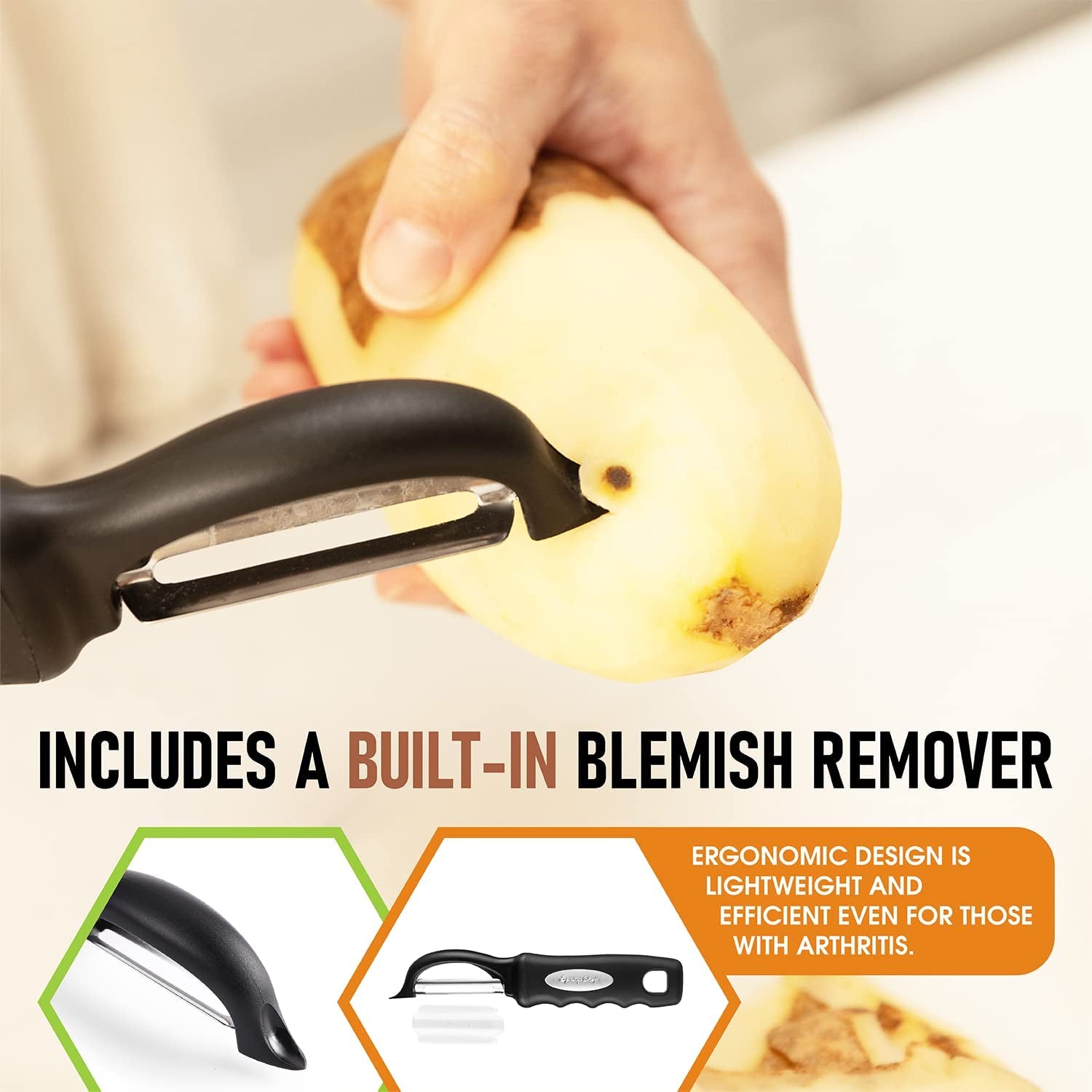Premium Swivel Vegetable Peeler, Soft Grip Handle and Ultra Sharp Stainless Steel Blades - Perfect Kitchen Peeler for Veggie, Fruit, Potato, Carrot, Apple - Black - Set of 2