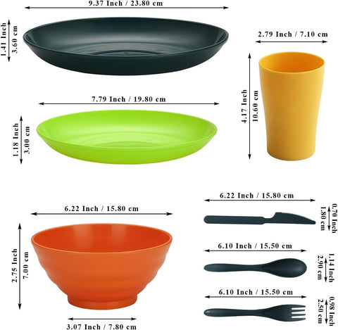 Image of Plastic Dinnerware Set 28 Piece, Reusable Light Weight Mugs, Bowls, Dishes, Knives, Forks, Spoons for Camping Picnics and Everyday Use, Dishwasher Safe (Mutil Color)