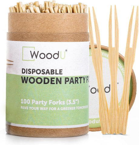 Image of Wooden Appetizer Forks 3.5" 100 Pcs - Toothpicks for Appetizers - Disposable Bamboo Skewers, Fruit Fork