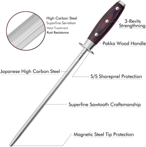 Image of 10 Inch Honing Steel with Pakkawood Handle, Knife Sharpener Rod, Professional Knife Sharpening Steel