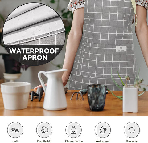 Image of 2 Pieces Aprons for Women with Pockets, Cotton Linen Waterproof Kitchen Cooking Aprons, Chef Apronfor Men Women with Adjustable Neck Strap and Long Ties(Grey/Green)