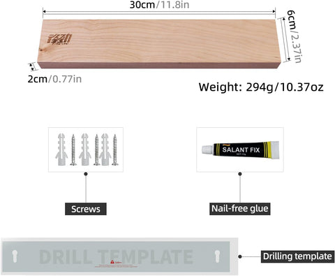 Image of Wood Magnetic Knife Strip, Magnet Utensil Holder for Wall, Refrigerator, Wooden Rack for Kitchen Knives, No Drill (Beige, 12 Inches, without Knives)