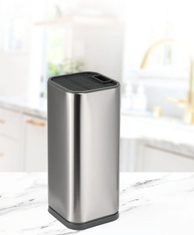 Image of Universal Knife Block Holder, Stainless Steel Organizer with Scissor Slots, Space-Saving Countertop Storage Stand for Any Knife up to 8.10 Inches, (Knives Not in Included) (Silver)