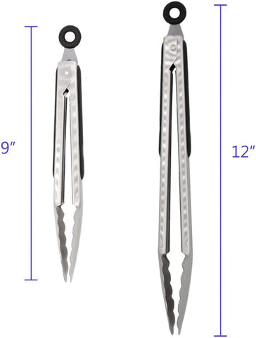 Image of 304 Stainless Steel Kitchen Cooking Tongs, 9" and 12" Set of 2 Sturdy Grilling Barbeque Brushed Locking Food Tongs with Ergonomic Grip, Black