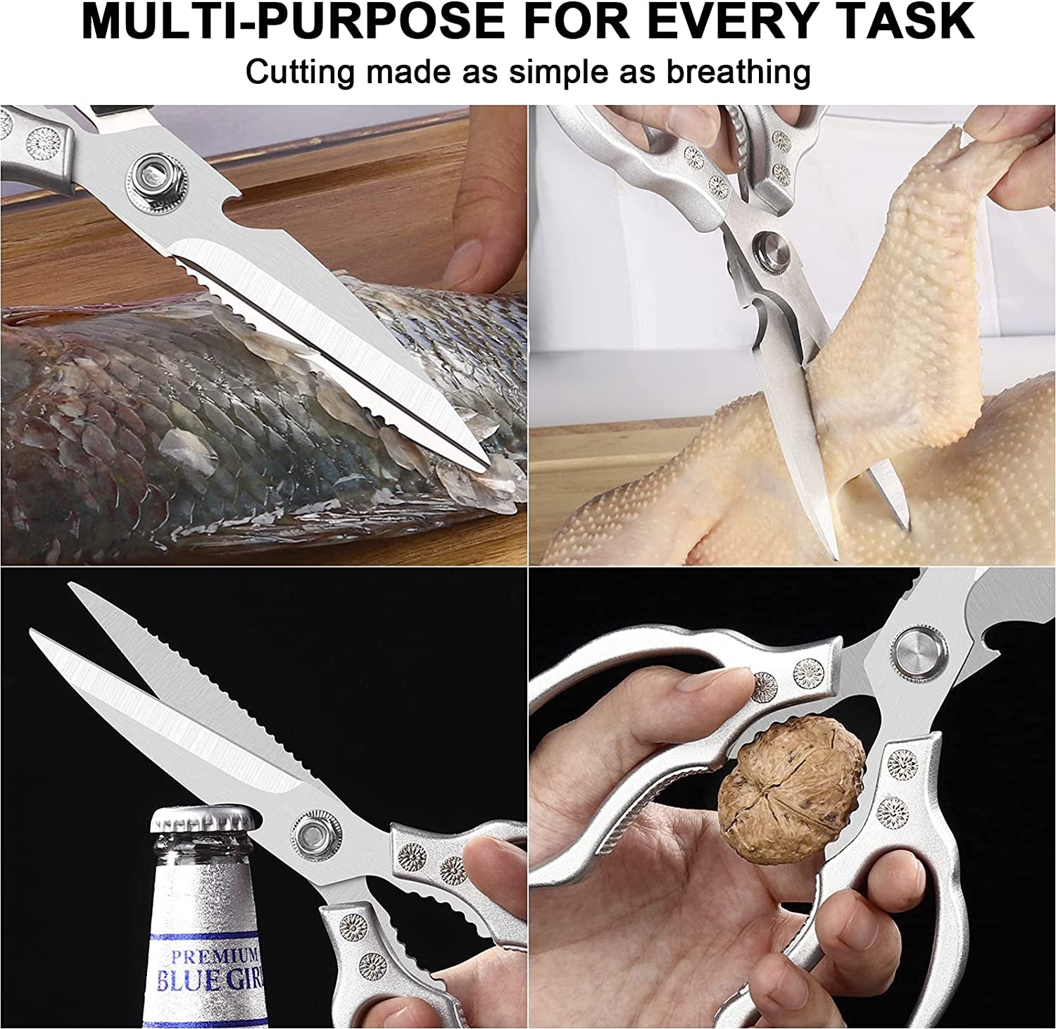 Kitchen Scissors,  Multi-Purpose Kitchen Shears, Heavy Duty Dishwasher Safe Food Scissors, Non Slip Stainless Steel Sharp Cooking Scissors for Kitchen, Chicken, Poultry, Fish, Meat, Herbs-Sliver