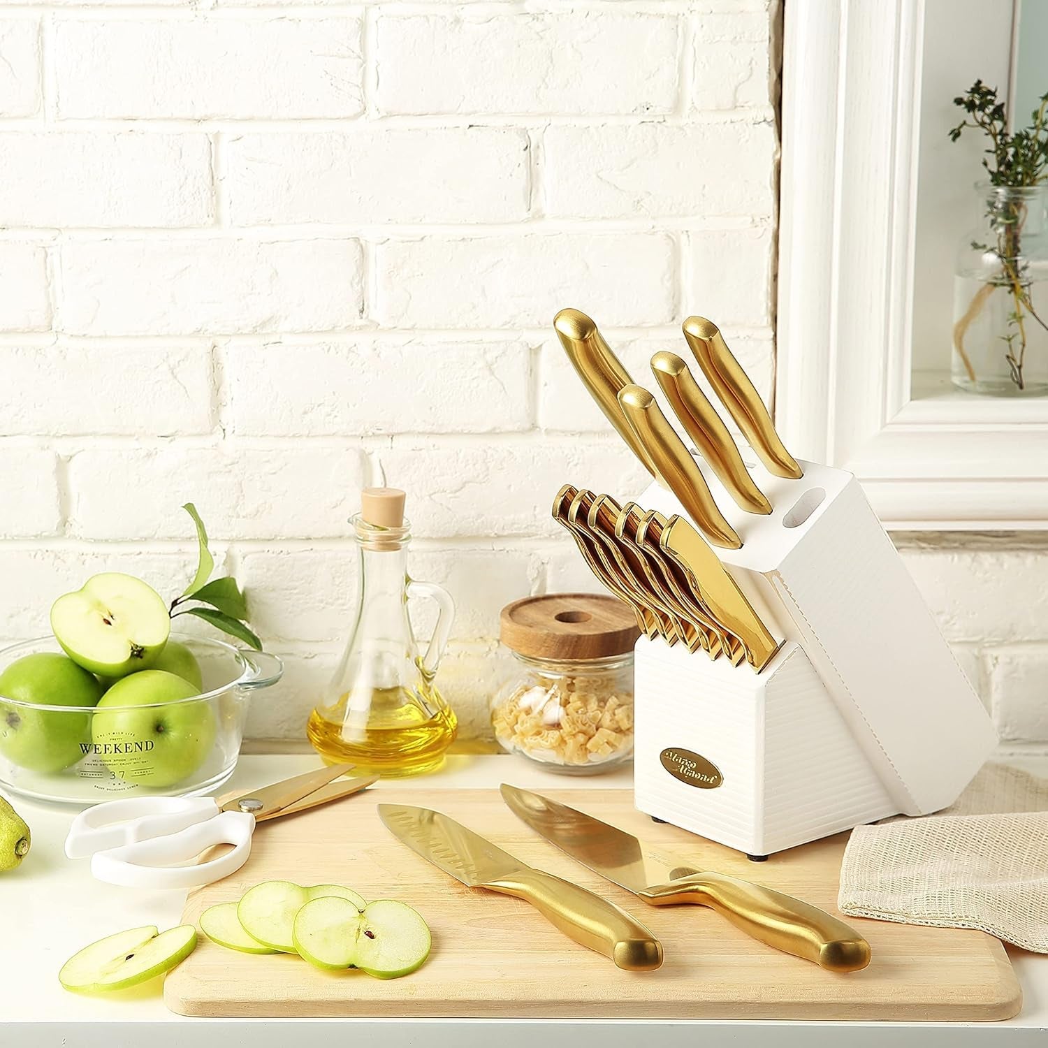 MA21 Golden Titanium Knives Block Set +  KYA51B Kitchen Utensil Set