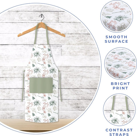 Image of Chef Apron for Cooking, Baking, Grilling, Cleaning, Gardening, Serving - 100% Cotton with Adjustable Neck Strap, Front Pocket and Long Tie 4 Piece Green & Red