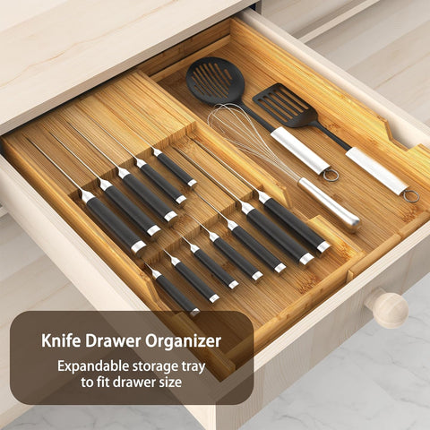 Image of Bamboo Knife Organizer for Kitchen Drawer, Knife Block Holder Drawer Insert with Expandable Tray for Fork Spoon Scissor, Large Kitchen Knife Holder without Knives, Holds 7 Knives