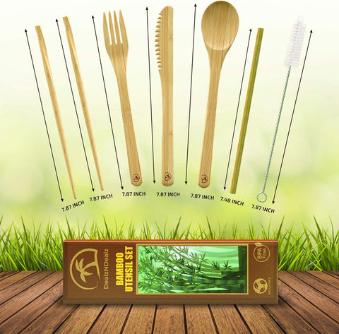 Image of 9-Piece Bamboo Utensil Set – Reusable Cutlery Travel Set – Portable Bamboo Flatware for Kids & Adults – Bamboo Fork, Knife, Spoon, Chopsticks – Comes in a Well-Designed Washable Case