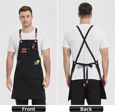 Image of Canvas Aprons, Work Aprons with 3 Pockets, Adjustable Strap Chef Aprons for Servers Kitchen Cooking Baking Artist