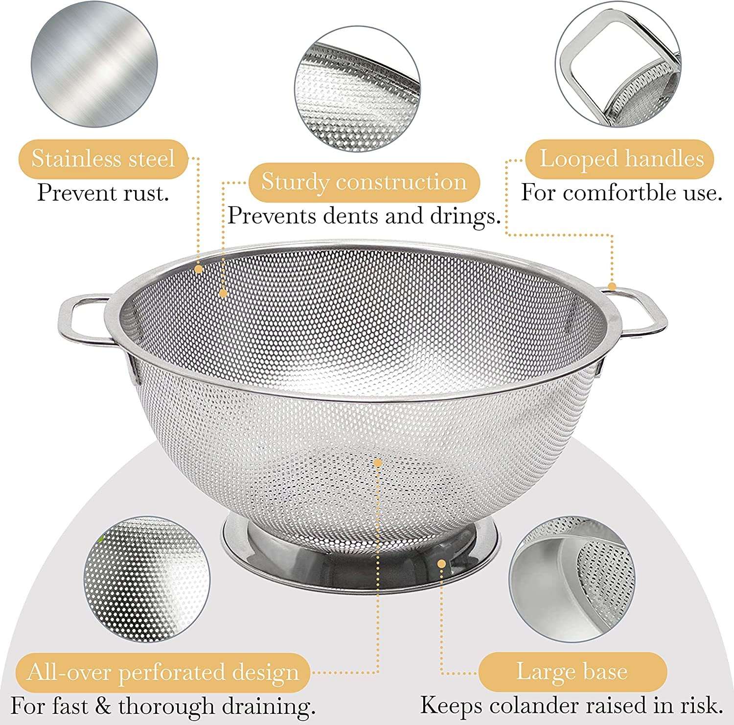 5 Qt Metal Colander with Handle | Pasta, Spaghetti, Berry, Fruit, Vegetable, Kitchen Food Strainer Basket | 18/8 Stainless Steel Colander Bowl | Pot Drainer for Cooking, Sifter Strainer