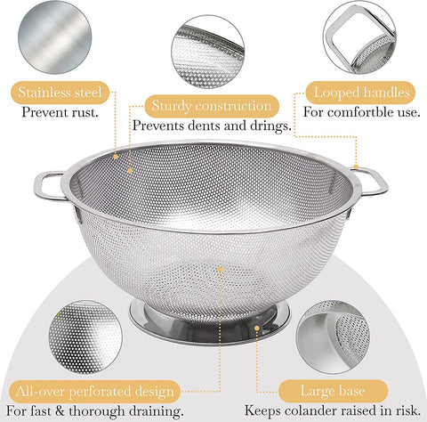 Image of 5 Qt Metal Colander with Handle | Pasta, Spaghetti, Berry, Fruit, Vegetable, Kitchen Food Strainer Basket | 18/8 Stainless Steel Colander Bowl | Pot Drainer for Cooking, Sifter Strainer