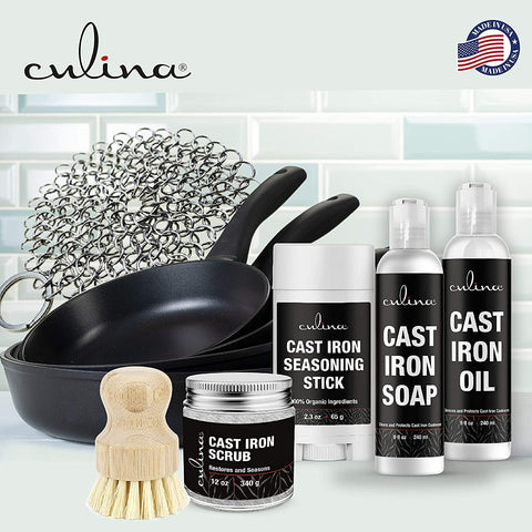 Image of Culina Cast Iron Soap & stick & Conditioning Oil & Stainless Scrubber &Restoring Scrub & brush | All Natural Ingredients | Best for Cleaning, Non-stick Cooking & Restoring | for Cast Iron Cookware - LivanaNatural