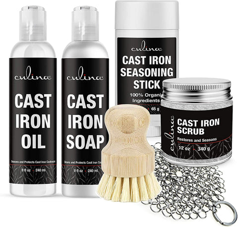 Image of Culina Cast Iron Soap & stick & Conditioning Oil & Stainless Scrubber &Restoring Scrub & brush | All Natural Ingredients | Best for Cleaning, Non-stick Cooking & Restoring | for Cast Iron Cookware - LivanaNatural