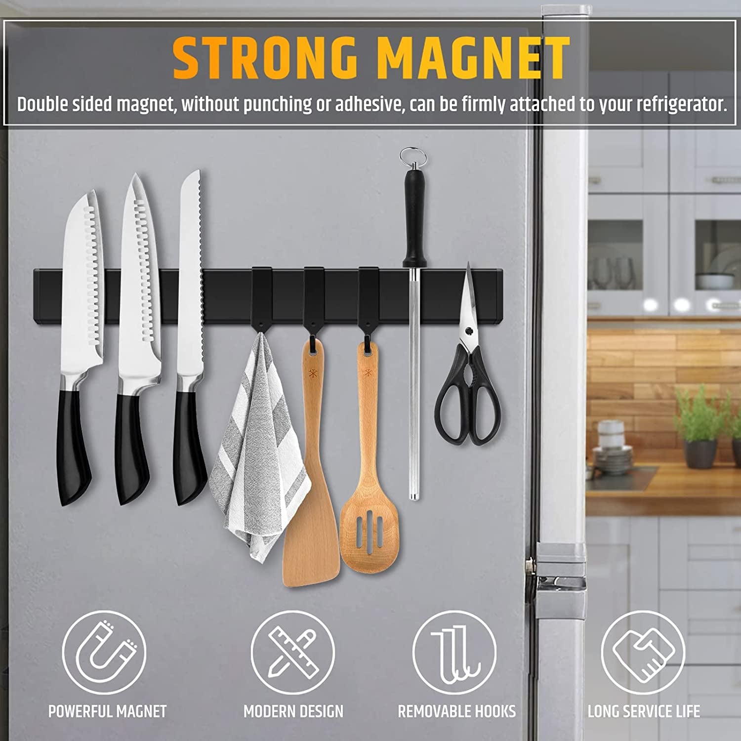 Fridge Applicable 17 Inch Double Sided Magnetic Knife Holder - Stainless Steel Knife Strip with Powerful Magnetic Pull Force - Use as Kitchen Knife Holder, Knife Rack & Tool Holder - Matte Black