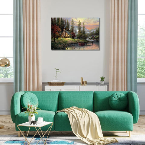 Image of Landscape Oil Painting Kinkade Wall Art Country Pastoral Pictures in Frame with Lake Mountain Wall Decor Cityscape Canvas Poster for Living Room Bedroom Decor (24X36In Frame,Tms-1)