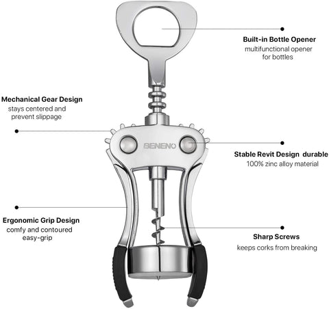 Image of Wine Opener, Zinc Alloy Premium Wing Corkscrew Wine Bottle Opener with Multifunctional Bottles Opener, Upgrade