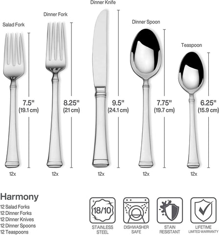Image of 5060761 Harmony 65-Piece 18/10 Stainless Steel Flatware Set with Utensil-Serving Set, Silver