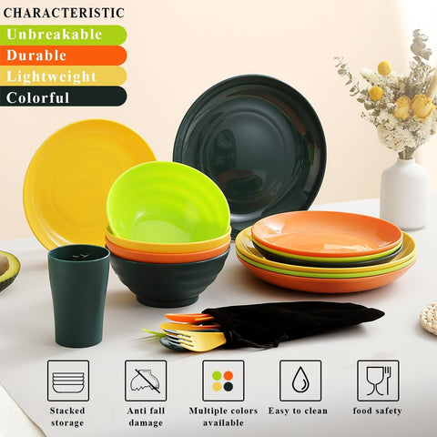 Image of Plastic Dinnerware Set 28 Piece, Reusable Light Weight Mugs, Bowls, Dishes, Knives, Forks, Spoons for Camping Picnics and Everyday Use, Dishwasher Safe (Mutil Color)