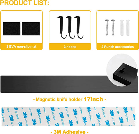 Image of Black Magnetic Knife Strip for Refrigerator - Larger 17 Inch Double Sided Stainless Steel Magnetic Kitchen Knife Holder with Hooks for Wall/Fridge - Strong Knife Strip Magnet/Knife Rack/Knife Bar