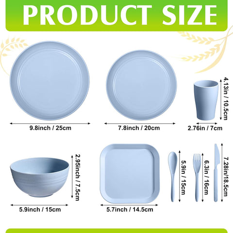 Image of 64 Pcs Wheat Straw Dinnerware Sets Unbreakable Plastic Plates Lightweight Bowls Dishes Cups Knives Forks Spoons Cutlery Dishwasher Microwave Safe for Camping Picnic Kid Adult (Classic Colors)