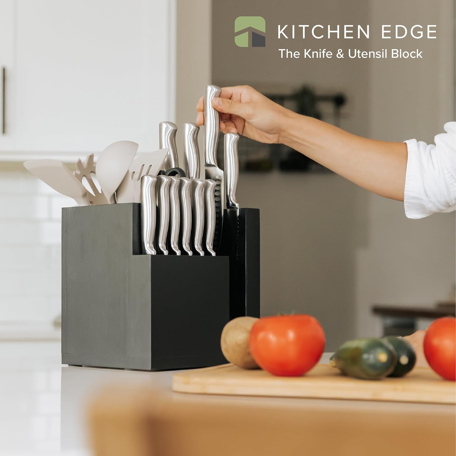 Bamboo Magnetic Knife Block and Cooking Utensil Holder, Sleek Storage for Chefs Knives, Steak Knives, Spatulas, Scissors, Non-Slip Rubber Feet, Easy to Clean, Food-Safe Black Finish