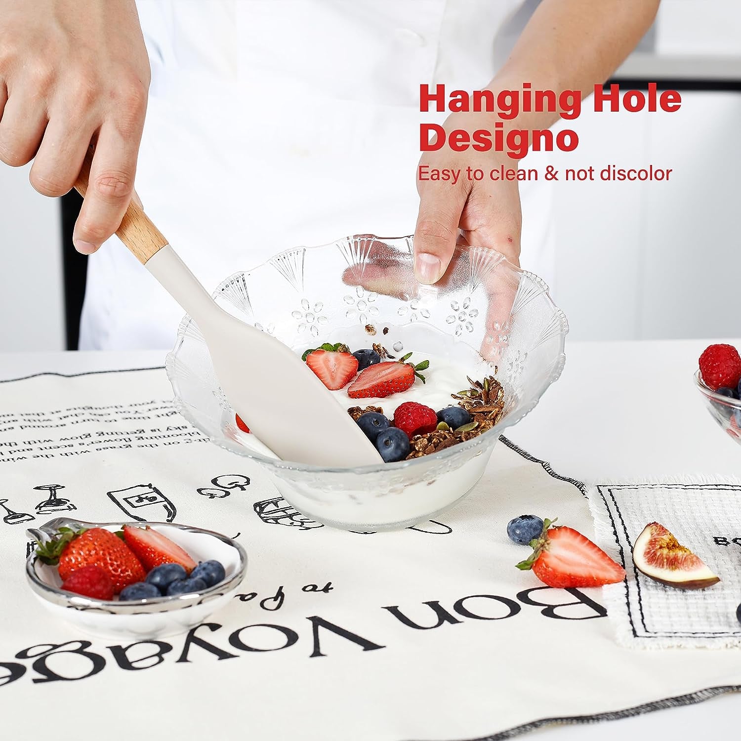 Kitchen Utensils Set, Large Non-Stick Silicone Cooking Utensils Set 6 Pcs, Wooden Handle Heat Resistance Silicone Spatula Soup Ladle Pasta Server Kitchen Gadgets Utensils Set BPA Free (Khaki)